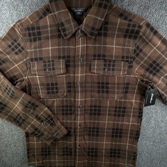 NWT Eddie Bauer Fleece Shirt Men Medium Long Sleeve Button Up Shirt Plaid Brown - Picture 1 of 16